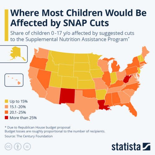 Image of US heat map showing where children are most affected by SNAP cuts. Future of Food. Clean Food Forum