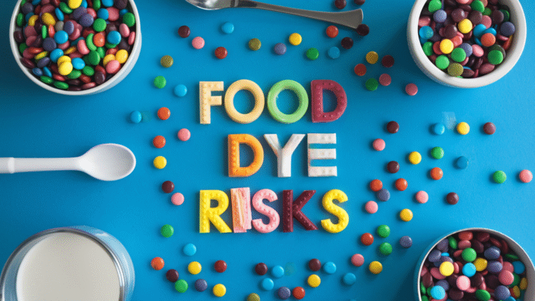 A flat lay photograph of colorful food dye text against a bright blue background. The text "FOOD DYE RISKS" is spelled out in individual letters, each letter in a different color. Future of Food, Clean Food Forum