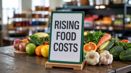 Food on a restaurant countertop with a sign that reads "Rising Food Costs". Future of Food. Clean Food Forum