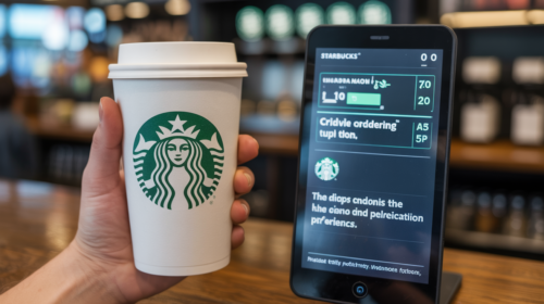 Hand holding starbucks cup next to AI integrated ordering tablet. future of food; thefutureoffood.org
