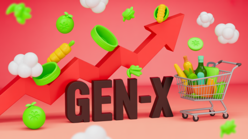 A 3D rendered illustration with a red background featuring a large red upward-trending arrow graph. The text "GEN-X" is in dark brown 3D letters positioned in the center of the image. Future of Food. Cleaf Food Forum