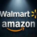 walmart and amazon logos dramatically lit
