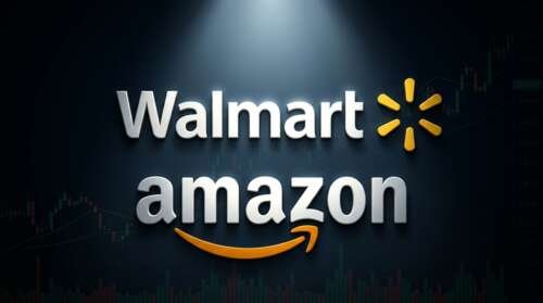 walmart and amazon logos dramatically lit