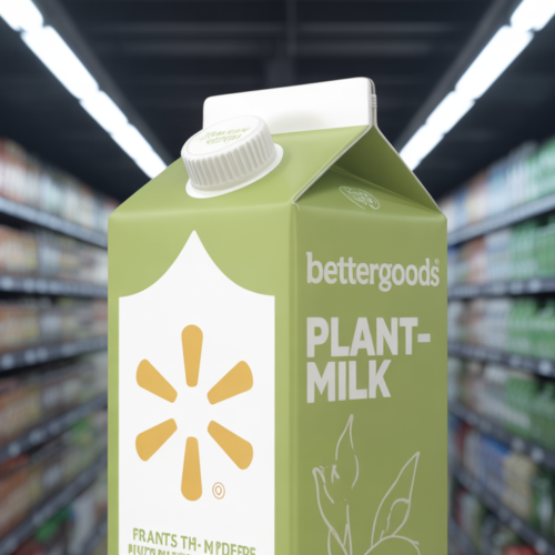 Walmart Bettergoods plant-based milk carton on a grocery shelf