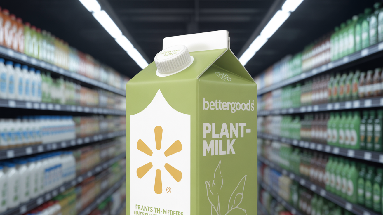 Walmart Bettergoods plant-based milk carton on a grocery shelf