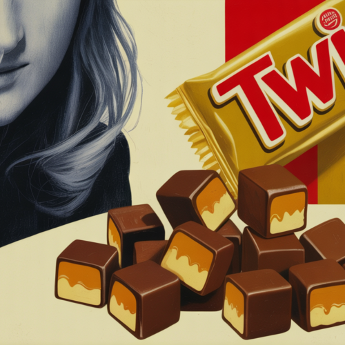 Bite-sized Twix caramel and cookie pieces scattered in a soft-minimalist illustration