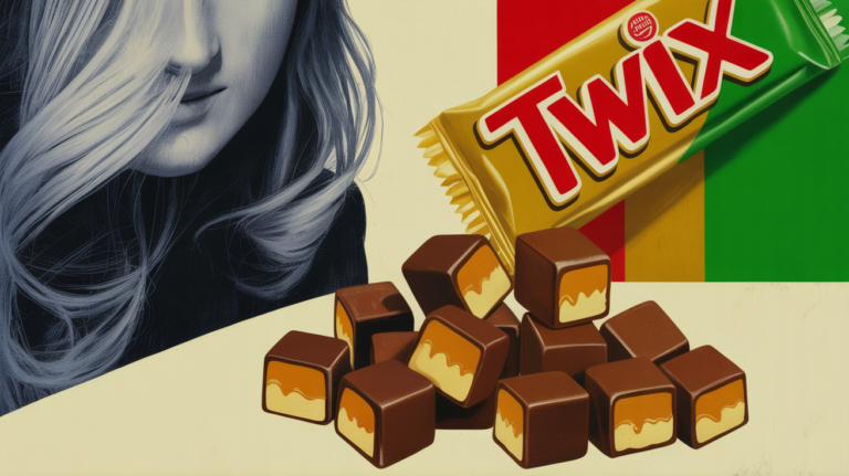Bite-sized Twix caramel and cookie pieces scattered in a soft-minimalist illustration