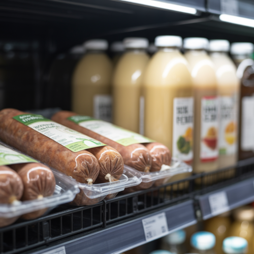 Beyond Meat sparkling beverage cans and breakfast sausage packaging on retail shelf display.