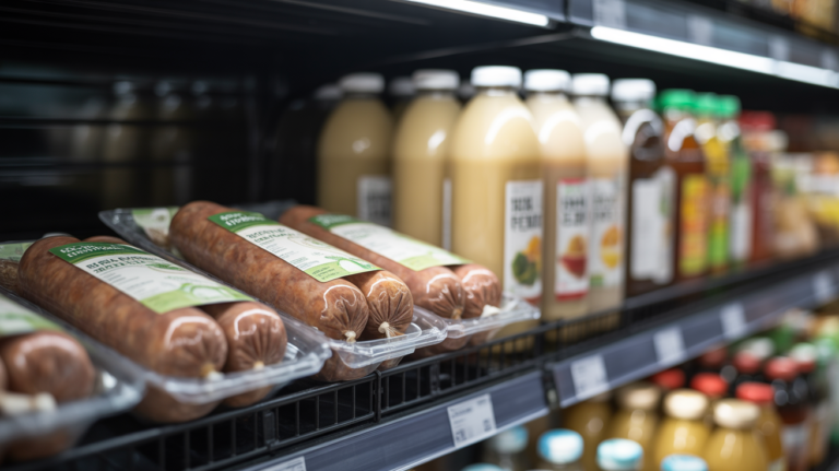 Beyond Meat sparkling beverage cans and breakfast sausage packaging on retail shelf display.