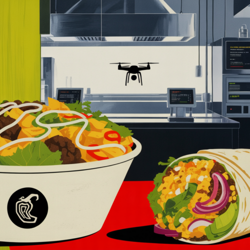 Chipotle kitchen crew using automated display systems and modern equipment during service