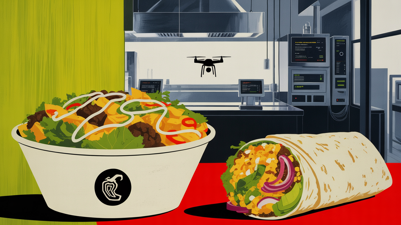 Chipotle kitchen crew using automated display systems and modern equipment during service