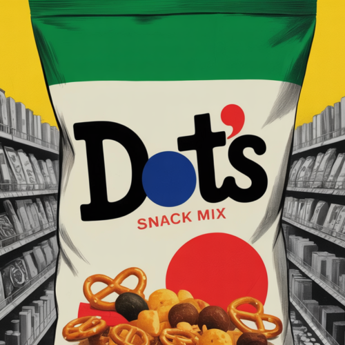 Dot's snack mix bag displayed alongside classic pretzel products in retail setting