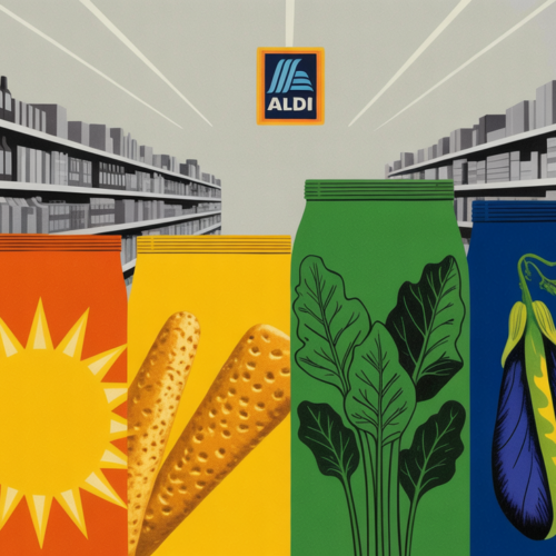 Aldi-branded grocery shelf with clean-label snack packaging in brightly colored boxes