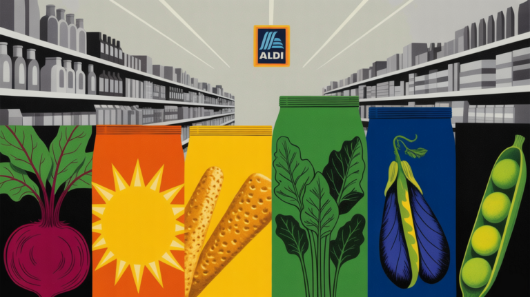 Aldi-branded grocery shelf with clean-label snack packaging in brightly colored boxes
