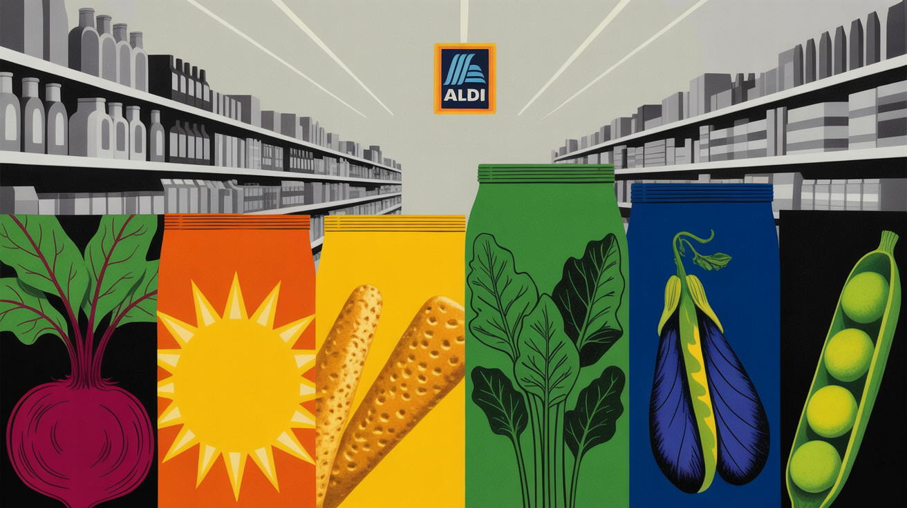 Aldi-branded grocery shelf with clean-label snack packaging in brightly colored boxes