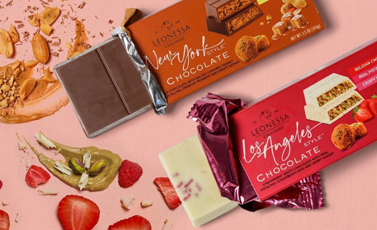 Three city-themed Leonessa chocolate bars representing Dubai, New York, and Los Angeles.
