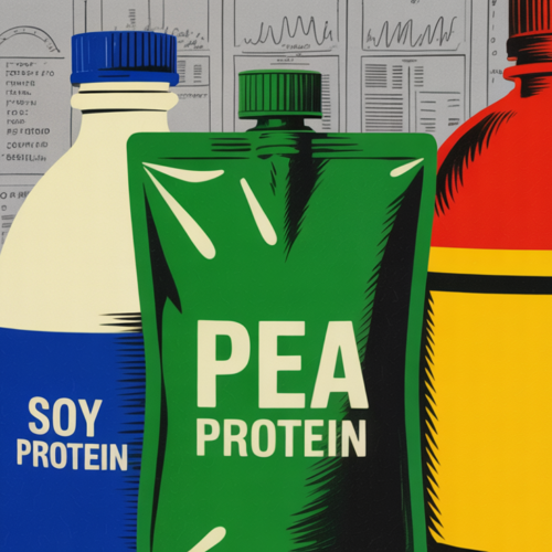 Food manufacturer comparing soy, pea, and dairy protein ingredient containers in a lab.