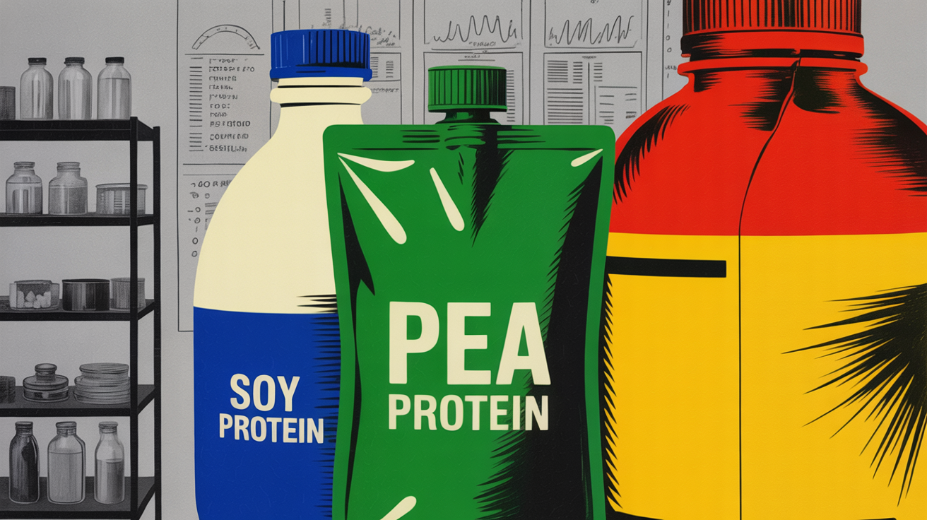 Food manufacturer comparing soy, pea, and dairy protein ingredient containers in a lab.