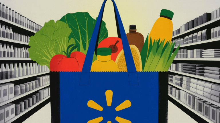 Walmart grocery aisle showing food and beverage products on shelves