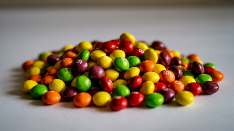 A vibrant pile of Skittles candies in red, yellow, green, orange, and purple on a clean white surface