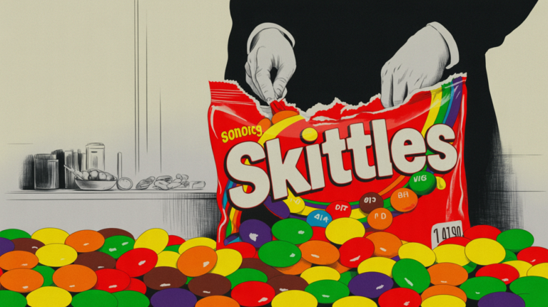 Mixed-media illustration of a Skittles candy bag with the SKITTLES wordmark and a rainbow of candies spilling out