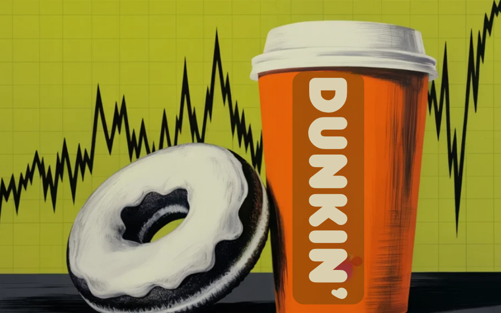 Dunkin' orange coffee cup with vertical DUNKIN' logo and a glazed donut against a chartreuse background with a rising stock chart line