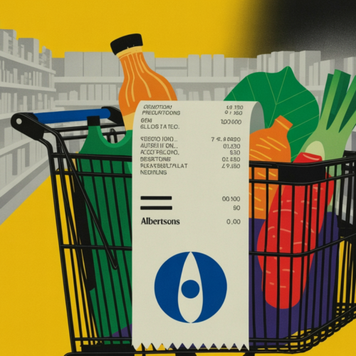 Grocery store aisle with digital data overlay showing AI-driven shopper behavior analysis