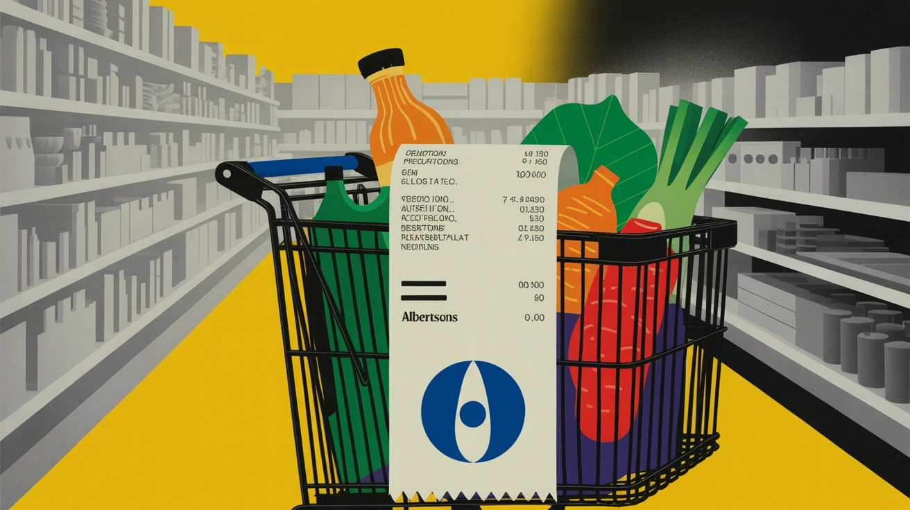 Grocery store aisle with digital data overlay showing AI-driven shopper behavior analysis