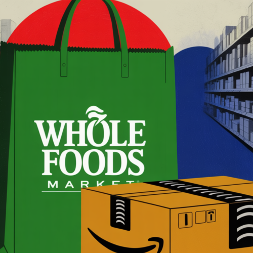 Amazon delivery boxes stacked near a Whole Foods storefront representing grocery dominance