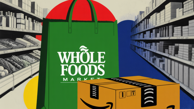 Amazon delivery boxes stacked near a Whole Foods storefront representing grocery dominance