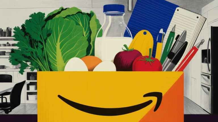 Amazon delivery driver unloading perishable groceries at a commercial office building entrance.