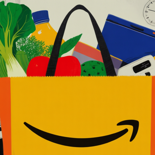 Amazon delivery driver handing over a bag of fresh groceries at a front door