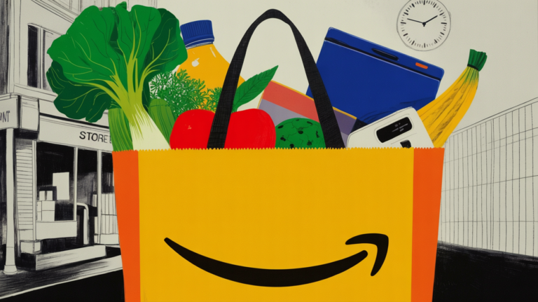 Amazon delivery driver handing over a bag of fresh groceries at a front door