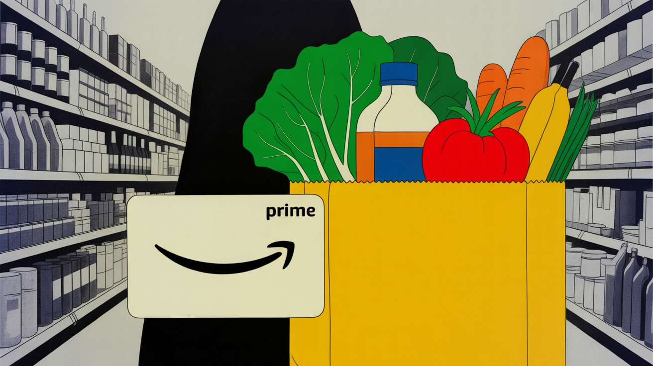 Amazon Prime delivery box outside a grocery store entrance signaling retail shift