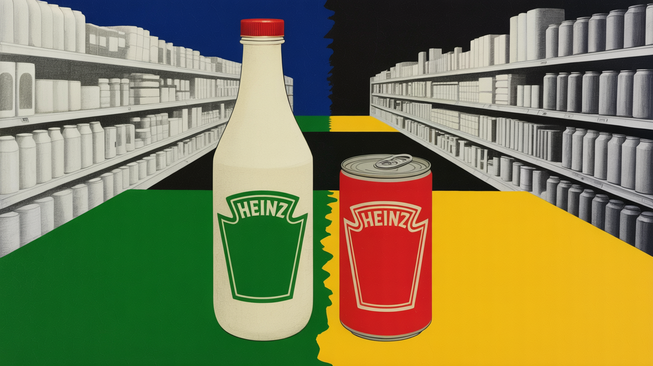 Corporate boardroom split screen showing Unilever and Kraft Heinz brand logos side by side
