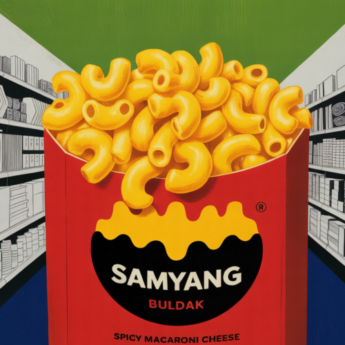 Samyang spicy buldak macaroni and cheese box on a grocery store shelf