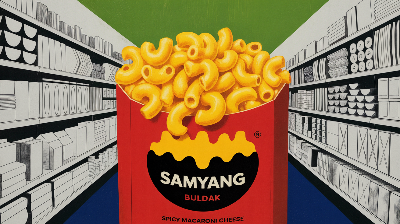 Samyang spicy buldak macaroni and cheese box on a grocery store shelf