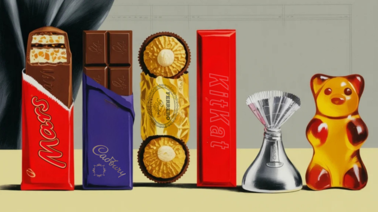 Six iconic confectionery items in a horizontal lineup -- Mars chocolate bar, Cadbury chocolate, Ferrero Rocher, KitKat, silver Hershey's Kiss, and Haribo gummy bear -- on a cream background