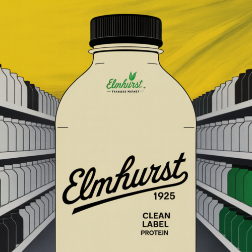 Elmhurst 1925 Clean Protein RTD shake bottles lined up at Sprouts Farmers Market shelf