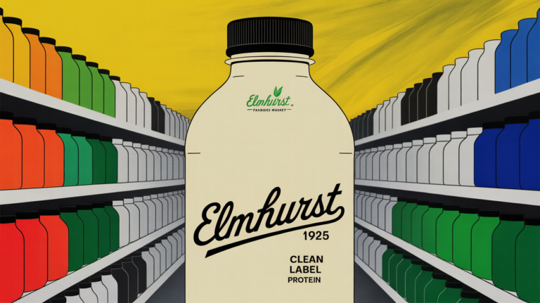 Elmhurst 1925 Clean Protein RTD shake bottles lined up at Sprouts Farmers Market shelf