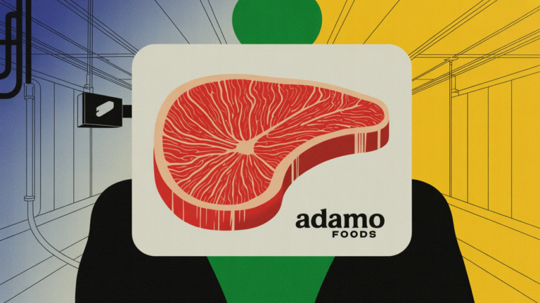 Adamo Foods mycelium whole-cut steak on a plate, industrial scale production