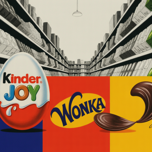 Ferrero Kinder Joy and Wonka branded treat products on retail display shelf