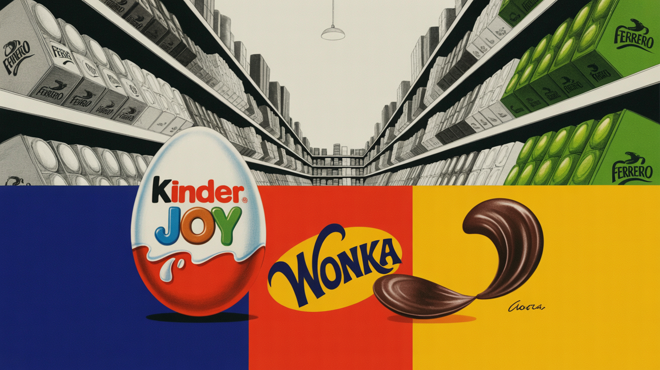 Ferrero Kinder Joy and Wonka branded treat products on retail display shelf