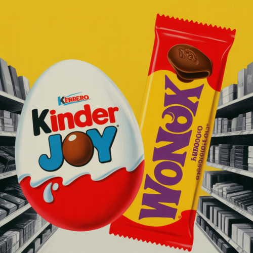 New Ferrero Kinder Joy and Wonka candy treats displayed on retail shelf