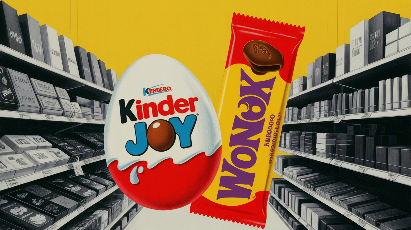 New Ferrero Kinder Joy and Wonka candy treats displayed on retail shelf