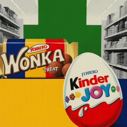 Ferrero Kinder Joy and Wonka branded treat packages on retail shelf display