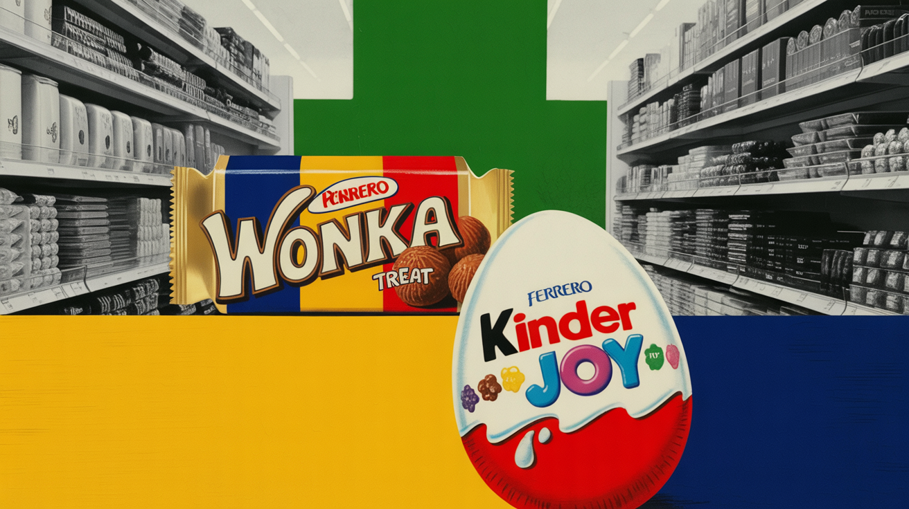 Ferrero Kinder Joy and Wonka branded treat packages on retail shelf display