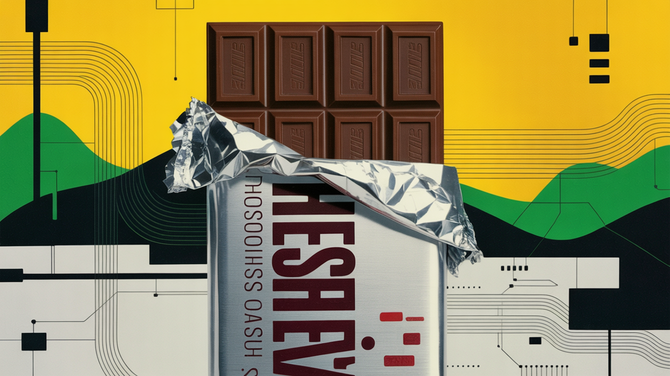 Hershey chocolate products on a conveyor line with digital AI data overlays