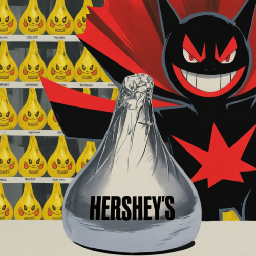Hershey Pokémon Kisses with Team Rocket villain foil wrappers on retail shelf