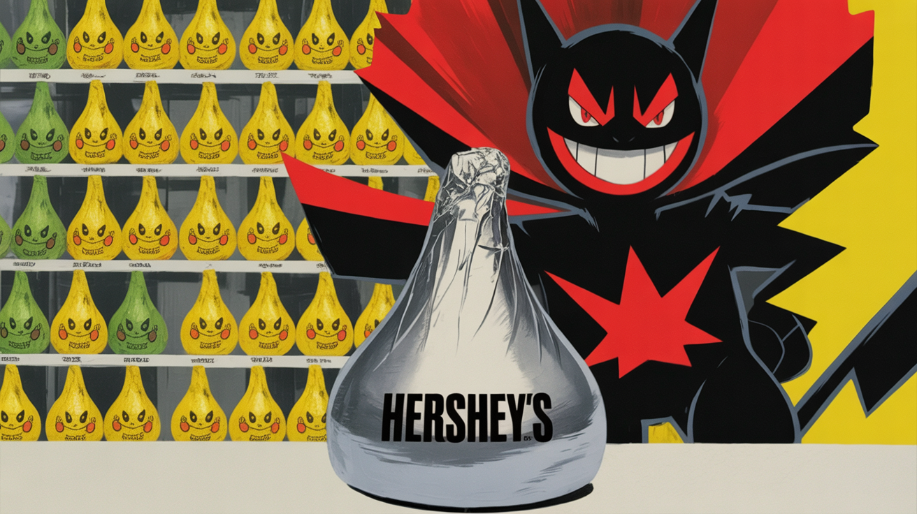 Hershey Pokémon Kisses with Team Rocket villain foil wrappers on retail shelf